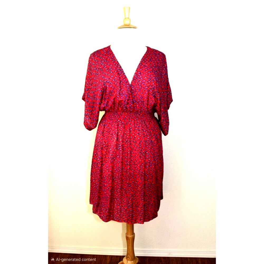 KHUSH Summer Dress Sz. XXXL Short Dolman Sl. Red Blue White Op Art Romantic #02